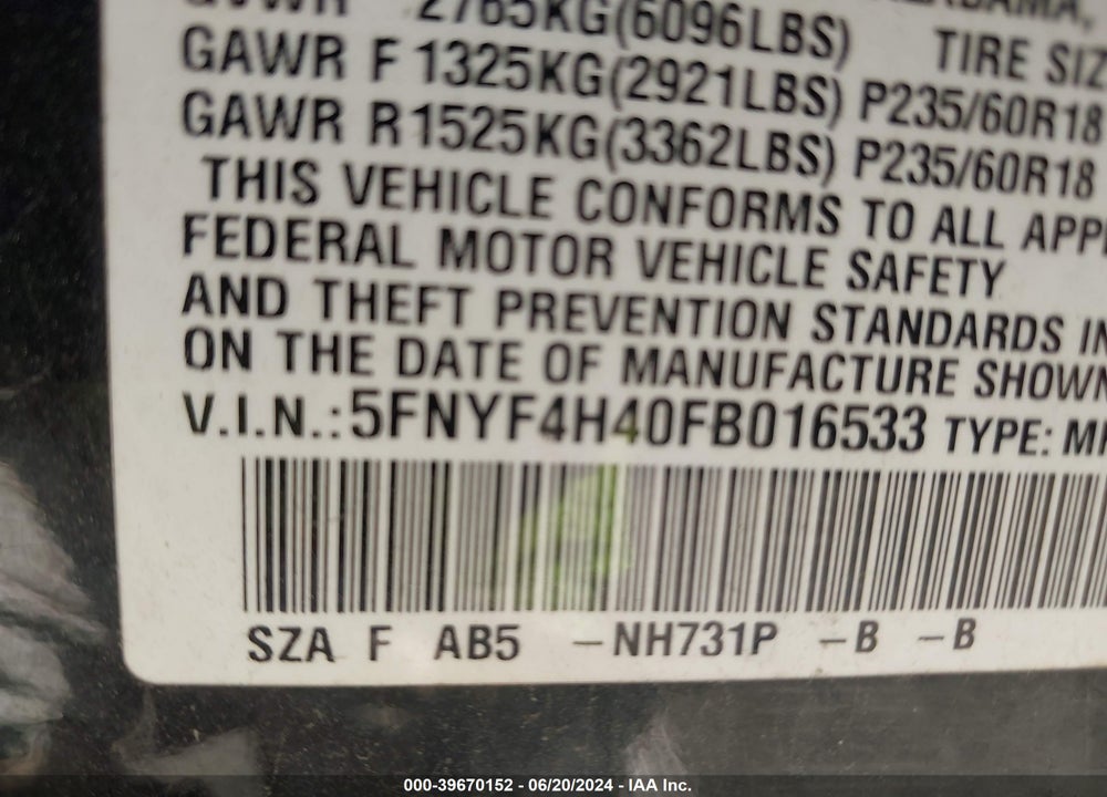 2015 HONDA PILOT EX VIN: 5FNYF4H40FB016533