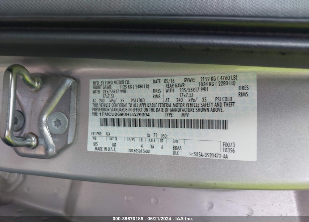 2017 FORD ESCAPE SE VIN: 1FMCU0G90HUA29004