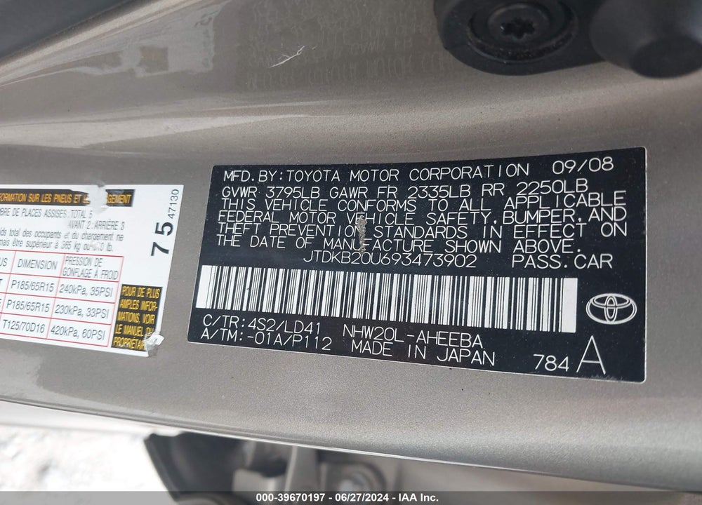 2009 TOYOTA PRIUS VIN: JTDKB20U693473902