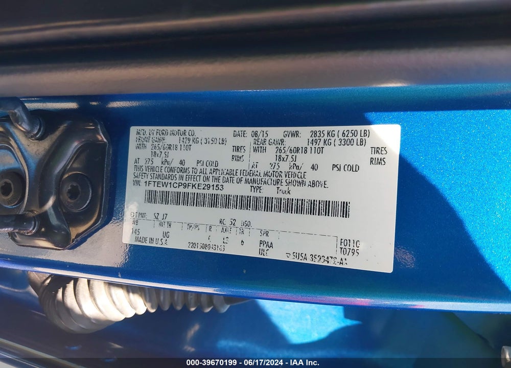 2015 FORD F-150 XLT VIN: 1FTEW1CP9FKE29153