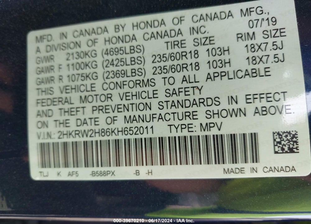 2019 HONDA CR-V EX-L VIN: 2HKRW2H86KH652011