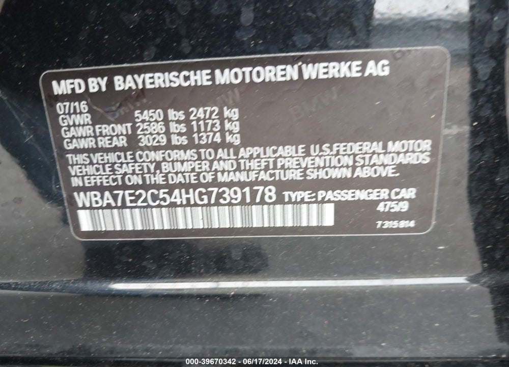 2017 BMW 740I VIN: WBA7E2C54HG739178