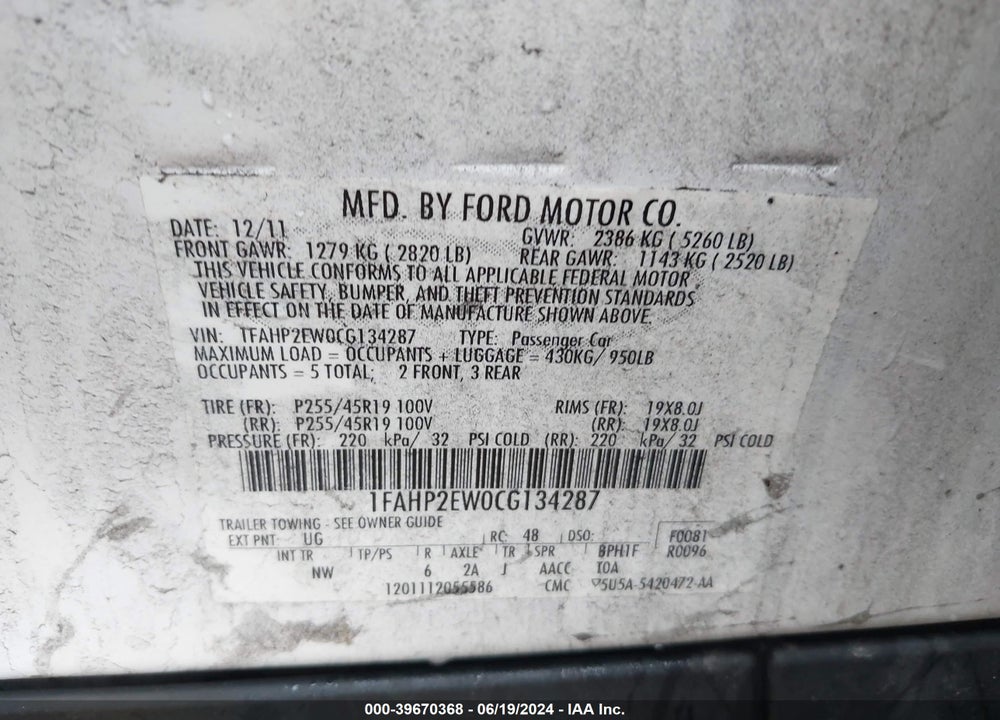 2012 FORD TAURUS SEL VIN: 1FAHP2EW0CG134287