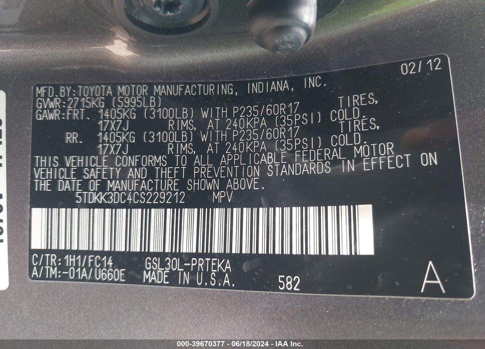 2012 TOYOTA SIENNA LE V6 8 PASSENGER VIN: 5TDKK3DC4CS229212