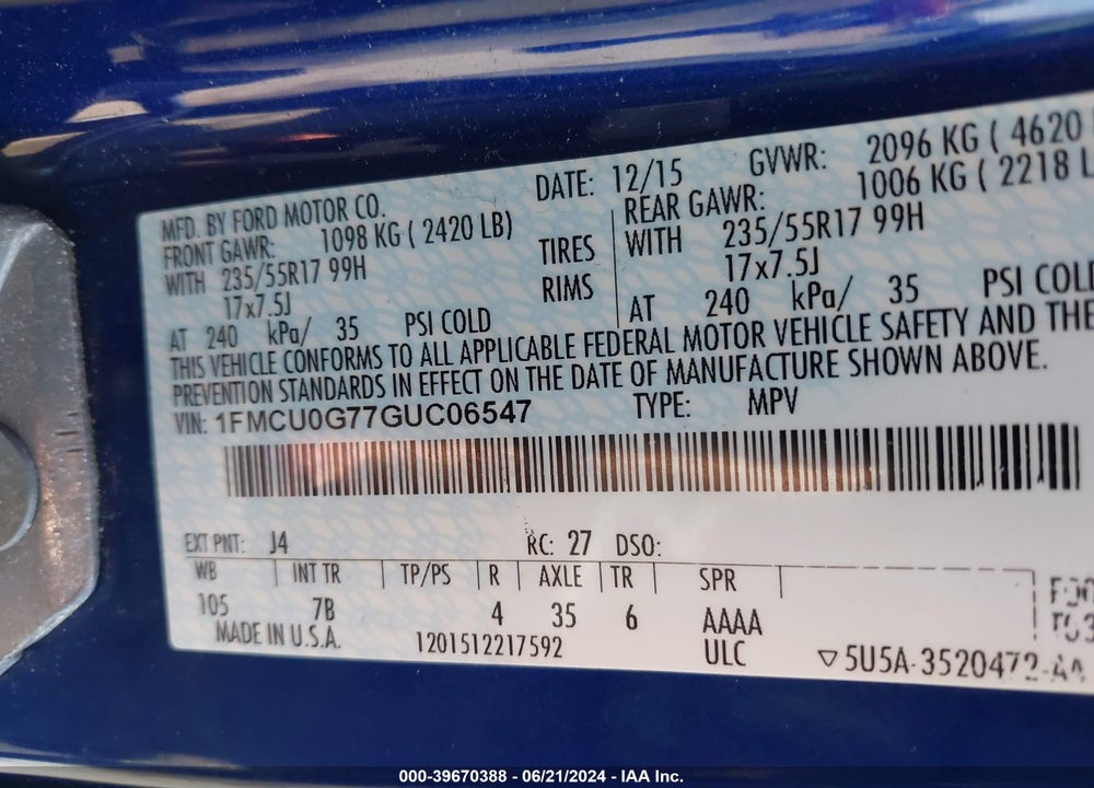 2016 FORD ESCAPE SE VIN: 1FMCU0G77GUC06547