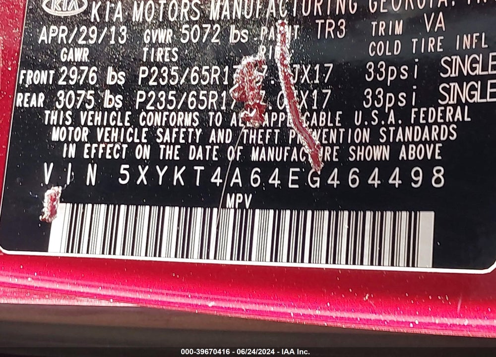 2014 KIA SORENTO LX VIN: 5XYKT4A64EG464498