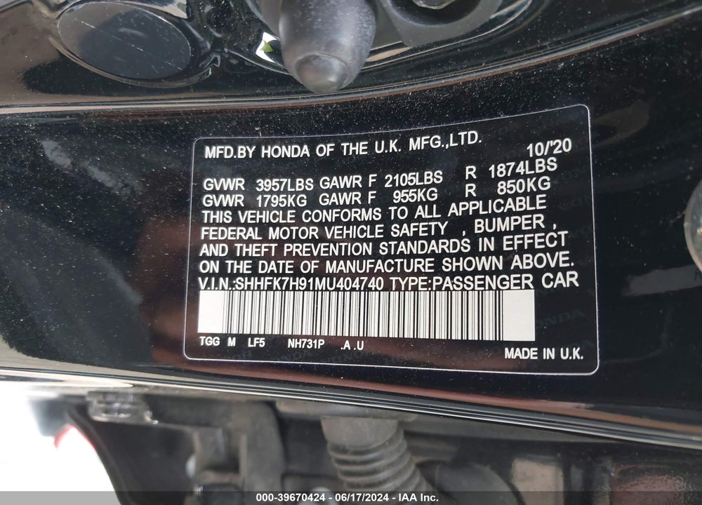 2021 HONDA CIVIC SPORT TOURING VIN: SHHFK7H91MU404740