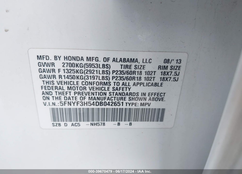 2013 HONDA PILOT EX-L VIN: 5FNYF3H54DB042651