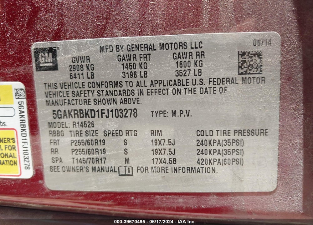 2015 BUICK ENCLAVE LEATHER VIN: 5GAKRBKD1FJ103278