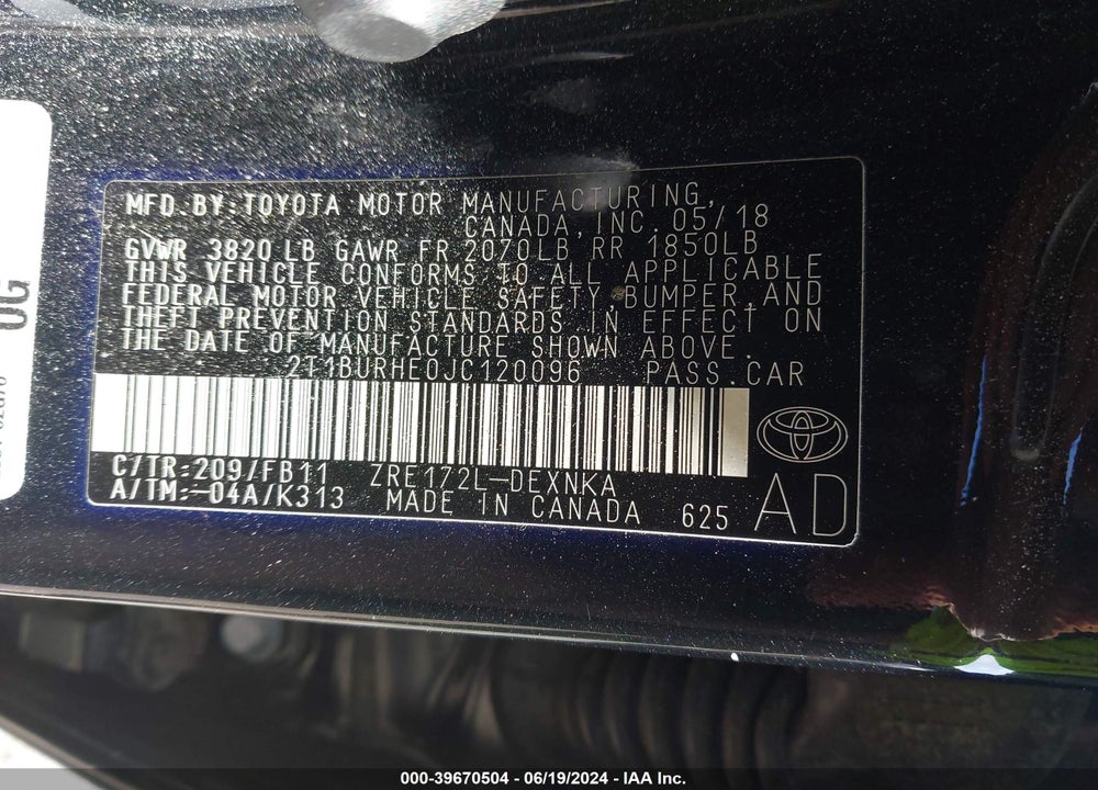 2018 TOYOTA COROLLA VIN: 2T1BURHE0JC120096