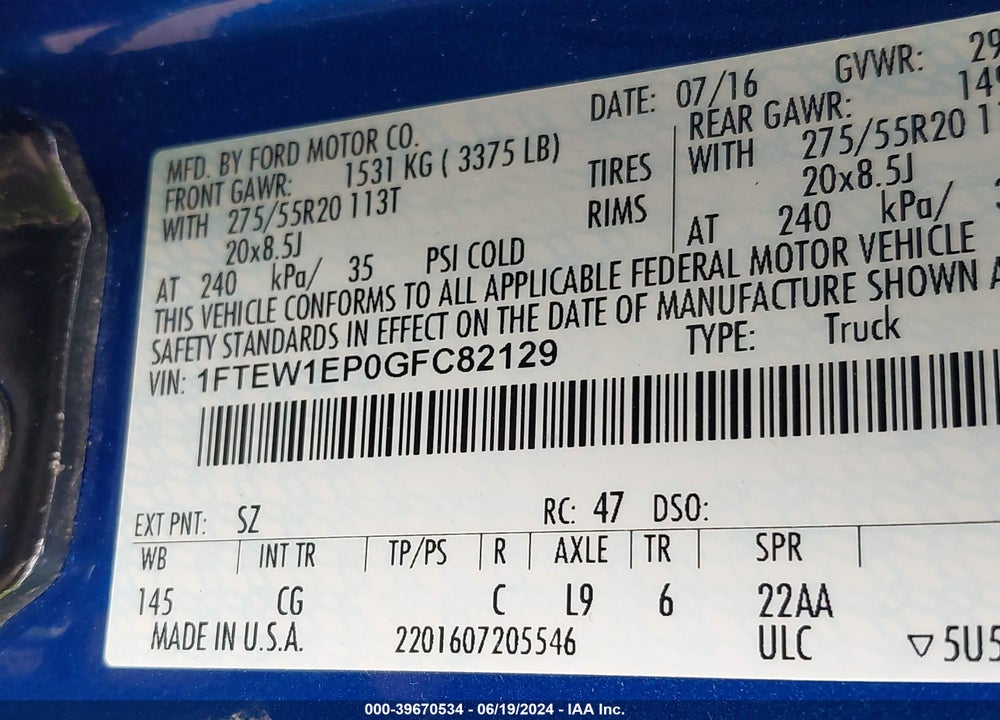 2016 FORD F-150 XL VIN: 1FTEW1EP0GFC82129
