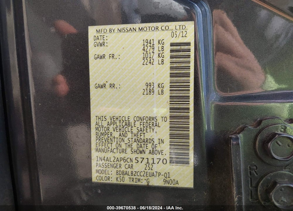 2012 NISSAN ALTIMA VIN: 1N4AL2AP6CN571170