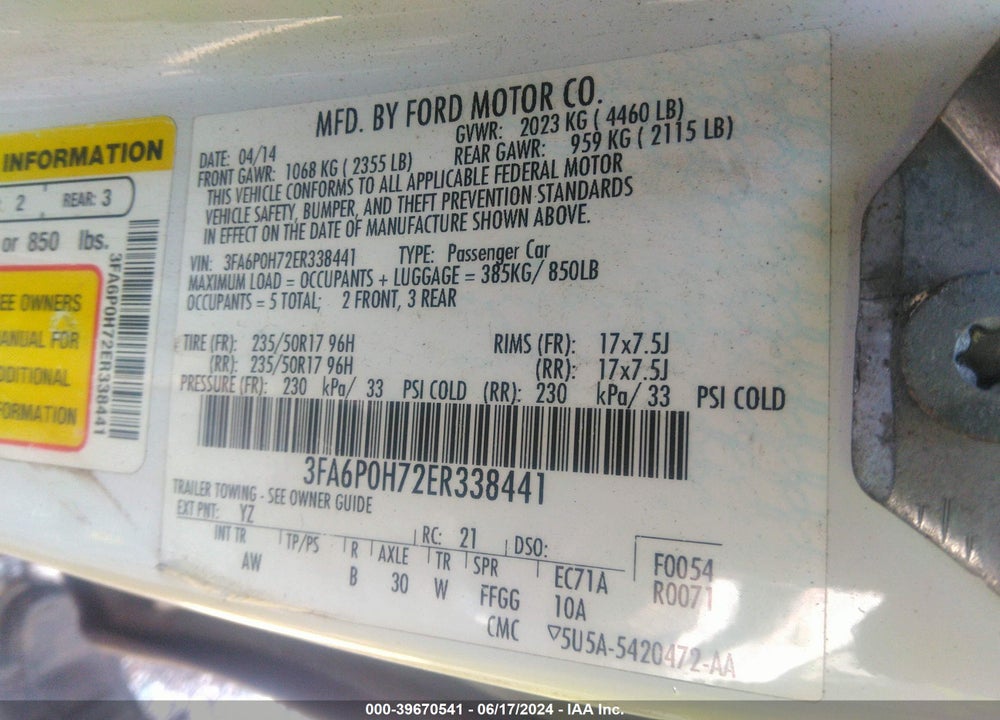 2014 FORD FUSION SE VIN: 3FA6P0H72ER338441
