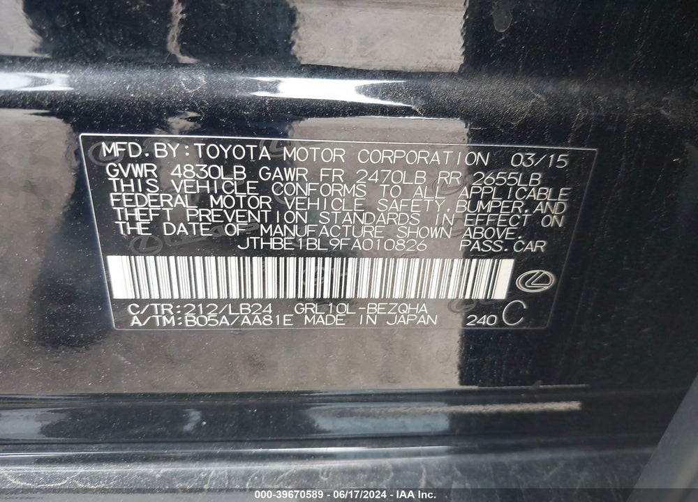 2015 LEXUS GS 350 VIN: JTHBE1BL9FA010826