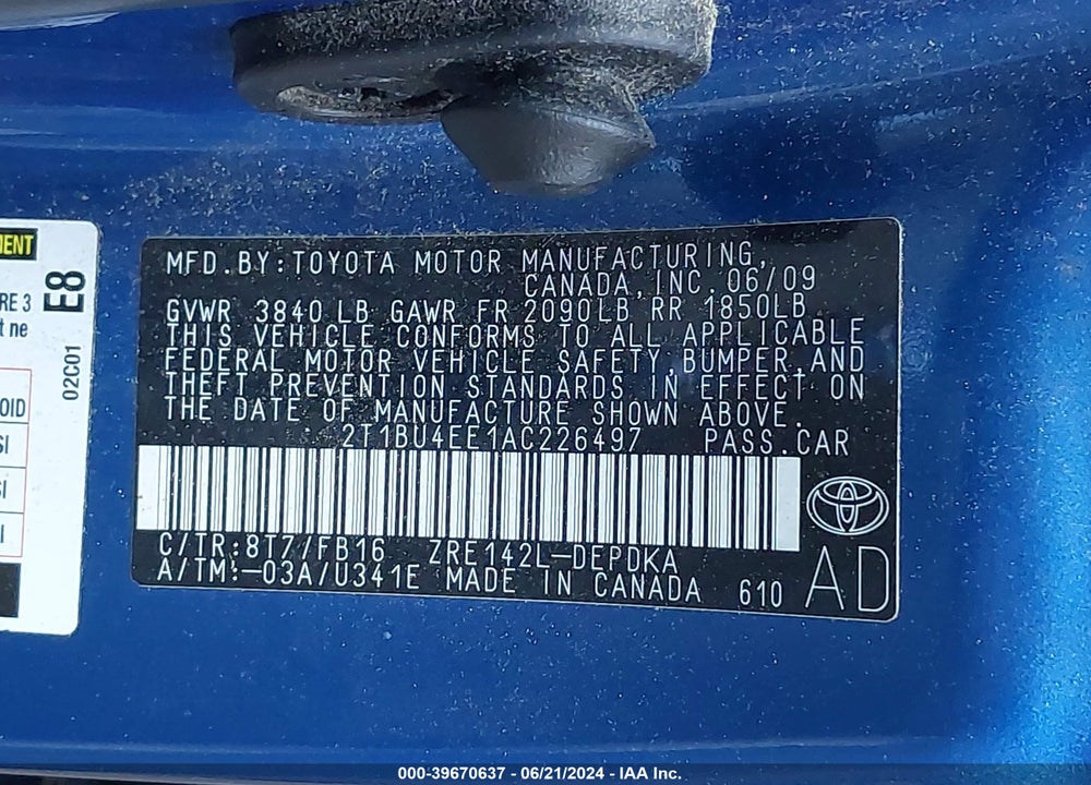 2010 TOYOTA COROLLA VIN: 2T1BU4EE1AC226497