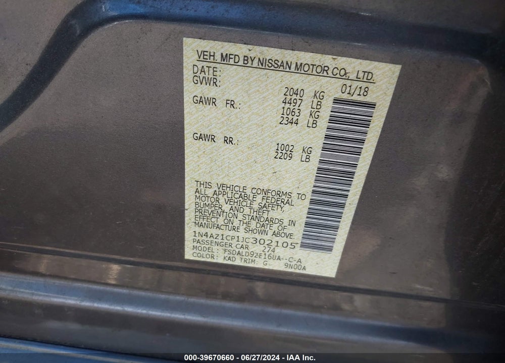 2018 NISSAN LEAF VIN: 1N4AZ1CP1JC302105