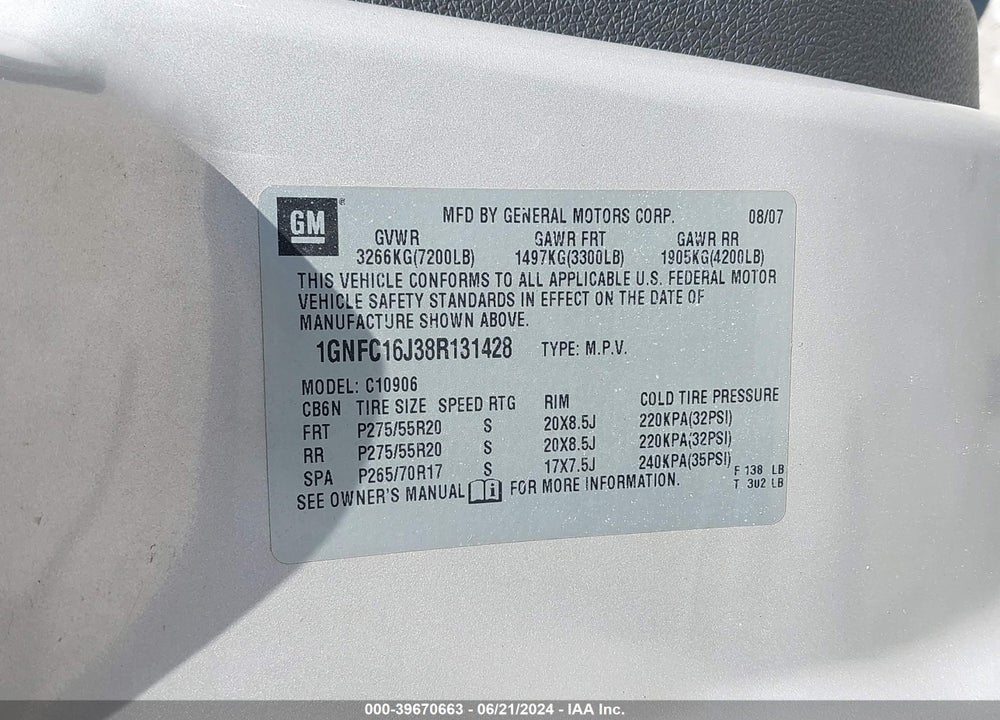 2008 CHEVROLET SUBURBAN 1500 LTZ VIN: 1GNFC16J38R131428