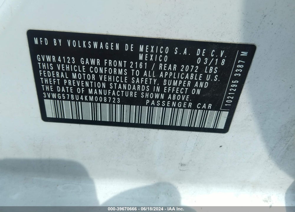 2019 VOLKSWAGEN JETTA 1.4T SEL PREMIUM VIN: 3VWG57BU4KM008723