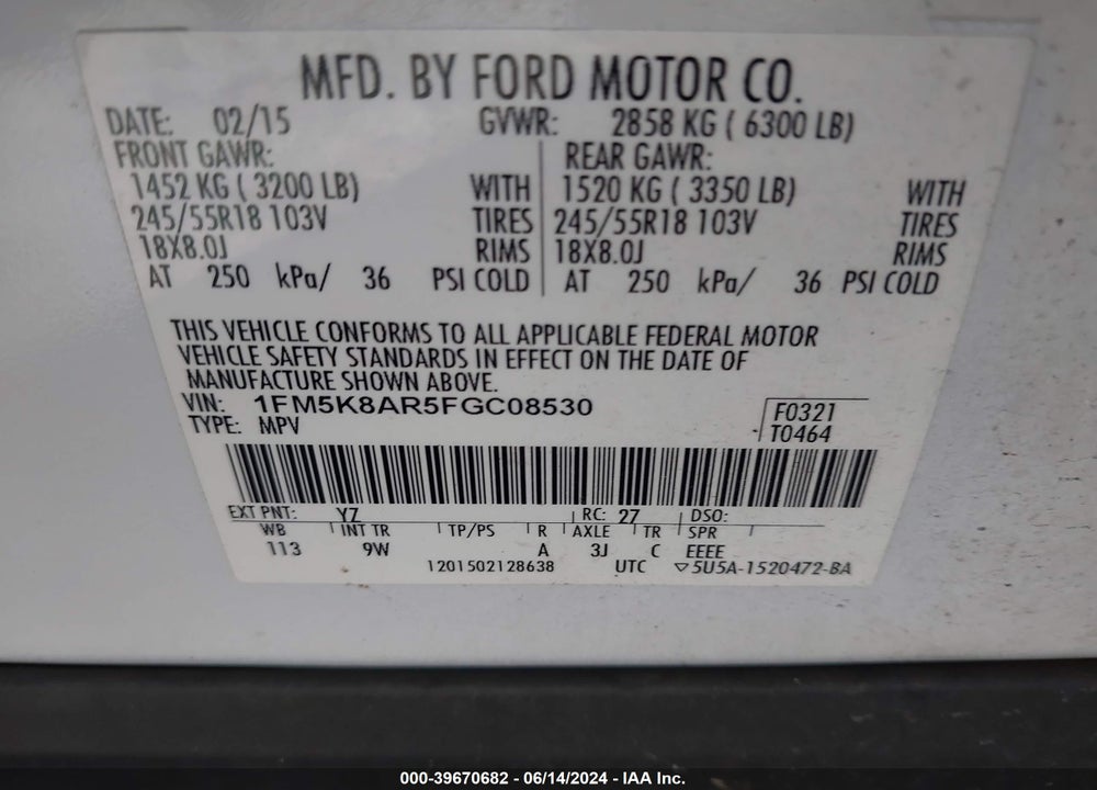 2015 FORD UTILITY POLICE INTERCEPTOR VIN: 1FM5K8AR5FGC08530