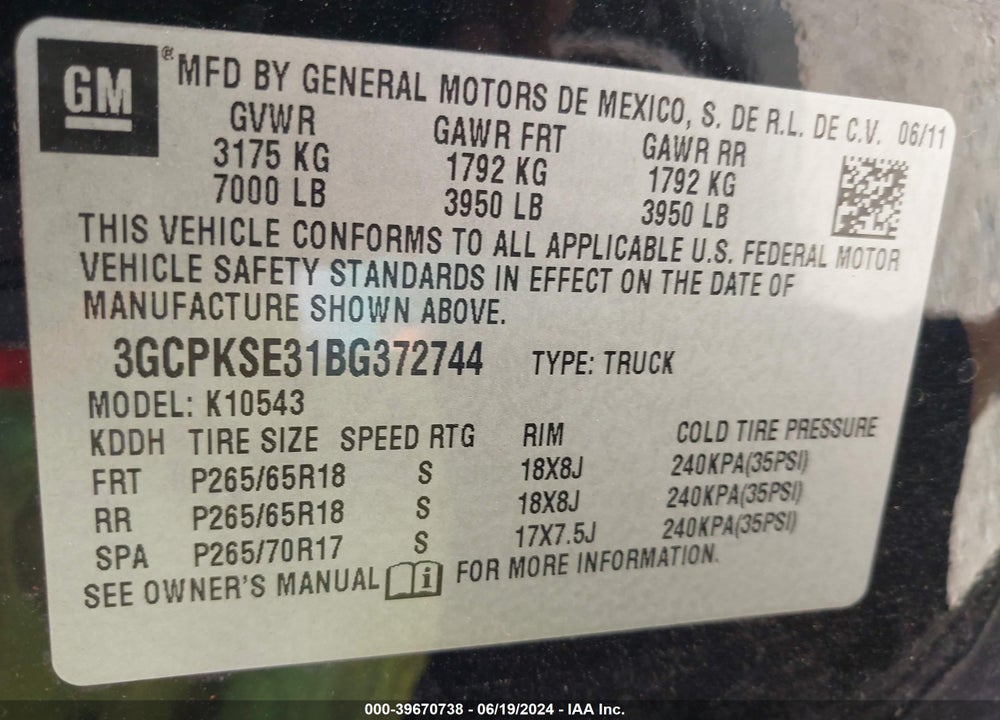 2011 CHEVROLET SILVERADO 1500 LT VIN: 3GCPKSE31BG372744