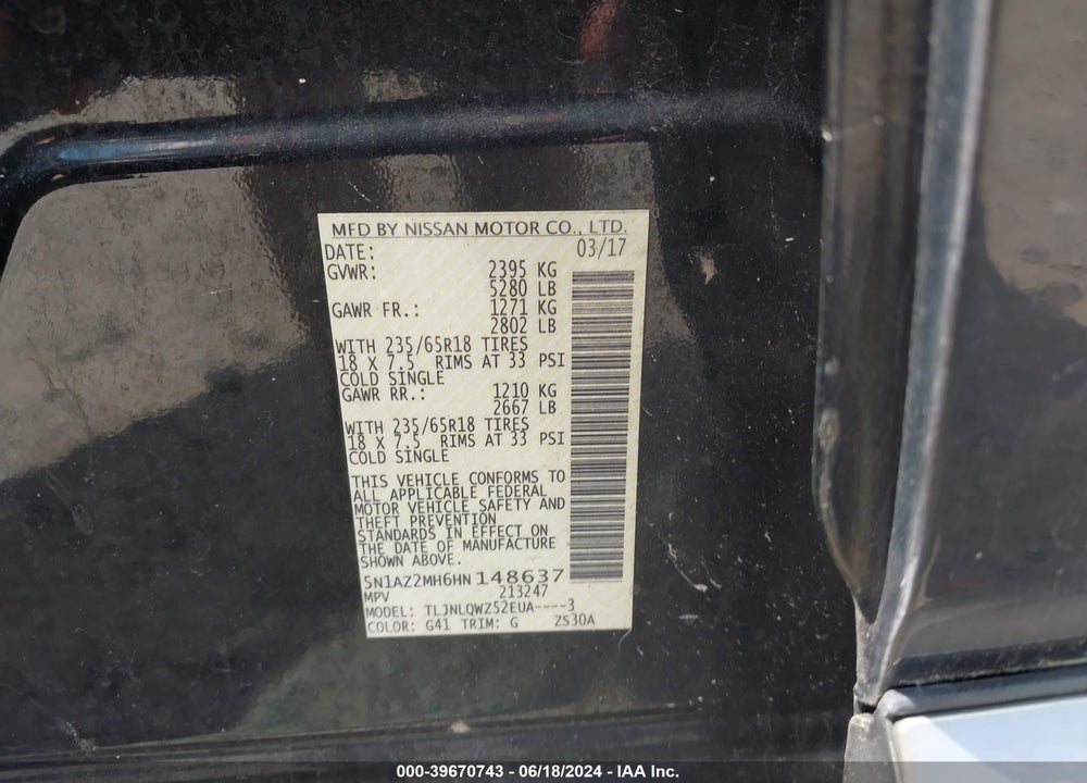 2017 NISSAN MURANO SV VIN: 5N1AZ2MH6HN148637
