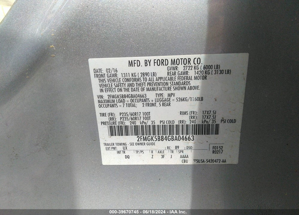 2016 FORD FLEX SE VIN: 2FMGK5B84GBA04663