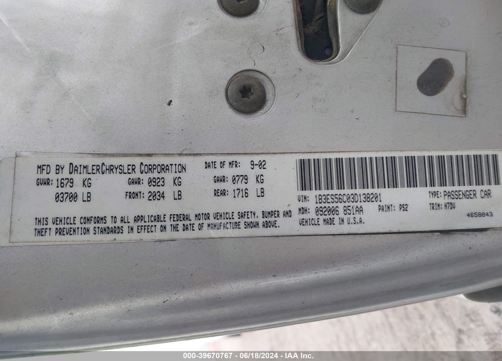 2003 DODGE NEON SXT VIN: 1B3ES56C03D138201
