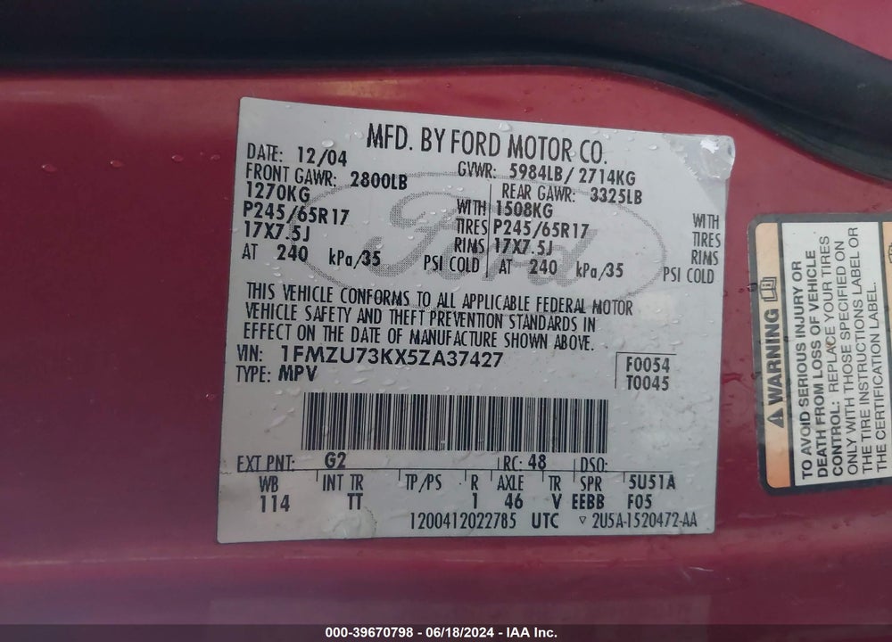 2005 FORD EXPLORER XLT/XLT SPORT VIN: 1FMZU73KX5ZA37427