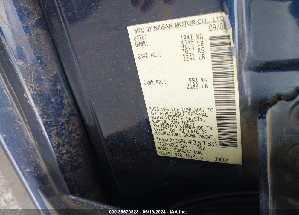 2009 NISSAN ALTIMA 2.5 S VIN: 1N4AL21E69N435130