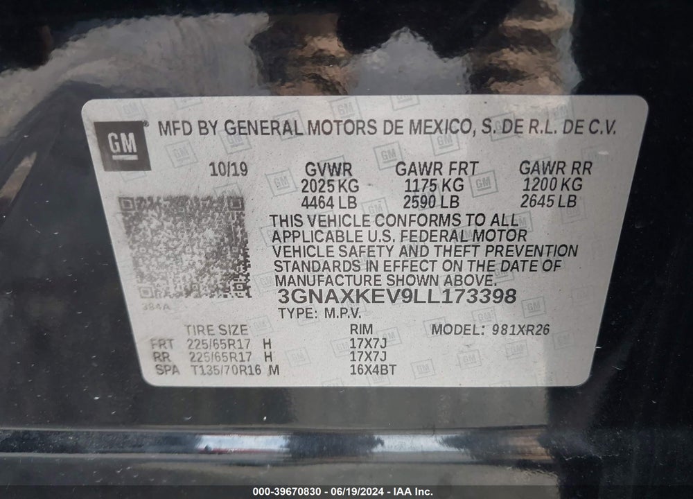 2020 CHEVROLET EQUINOX FWD LT 1.5L TURBO VIN: 3GNAXKEV9LL173398