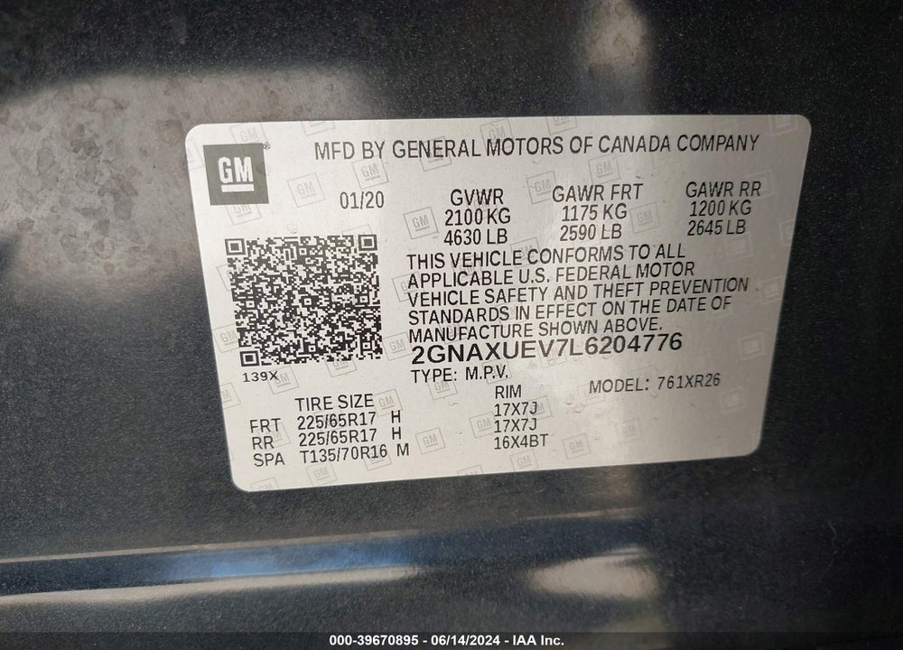 2020 CHEVROLET EQUINOX AWD LT 1.5L TURBO VIN: 2GNAXUEV7L6204776