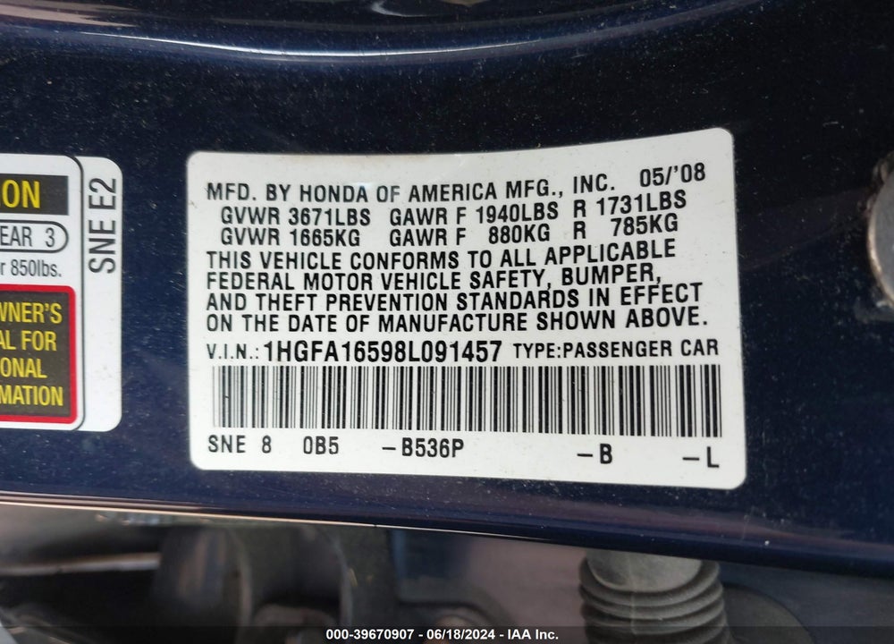 2008 HONDA CIVIC LX VIN: 1HGFA16598L091457