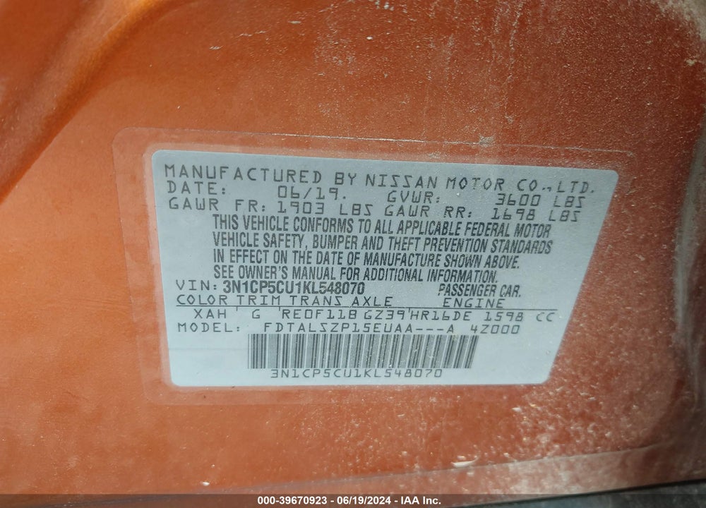 2019 NISSAN KICKS SV VIN: 3N1CP5CU1KL548070