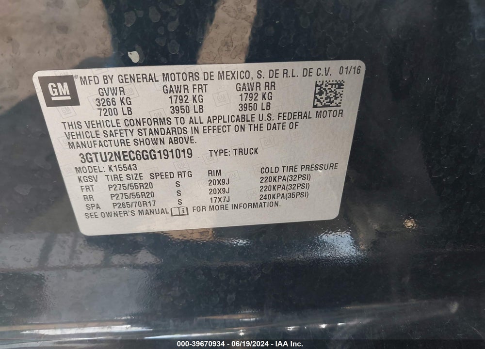 2016 GMC SIERRA 1500 SLT VIN: 3GTU2NEC6GG191019