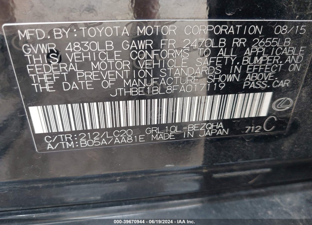 2015 LEXUS GS 350 VIN: JTHBE1BL8FA017119