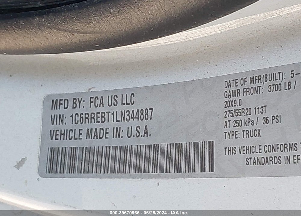 2020 RAM 1500 VIN: 1C6RREBT1LN344887