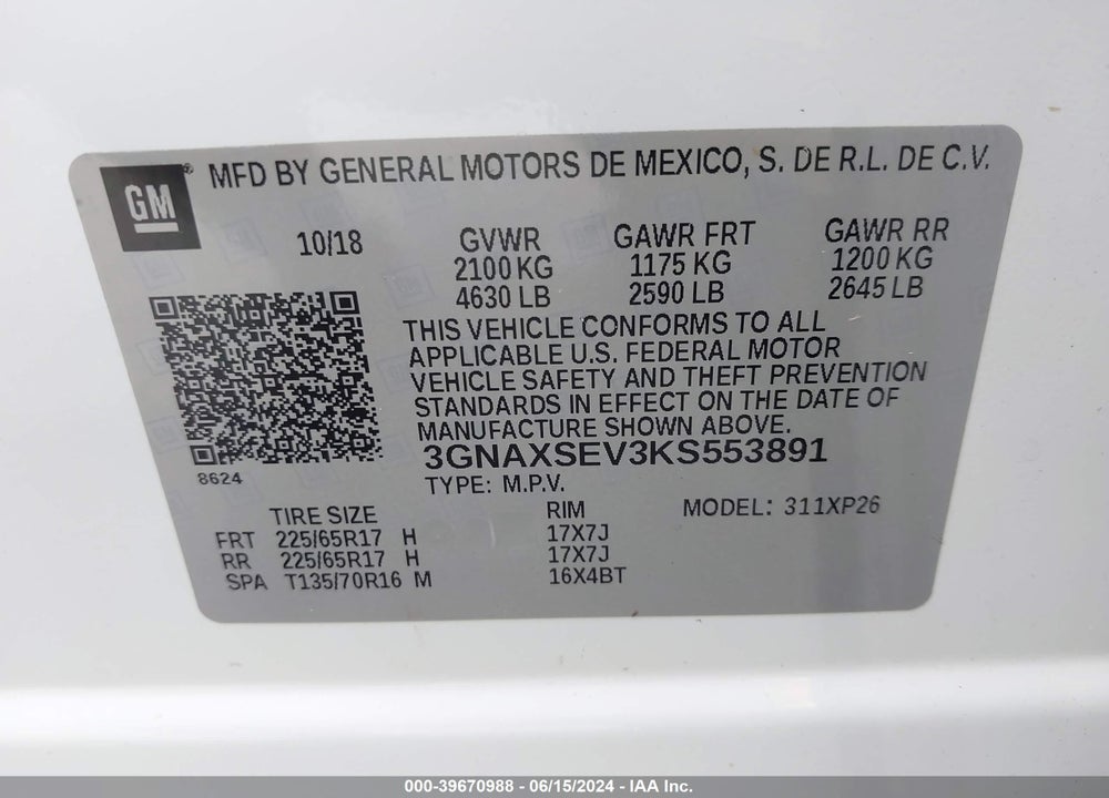 2019 CHEVROLET EQUINOX LS VIN: 3GNAXSEV3KS553891