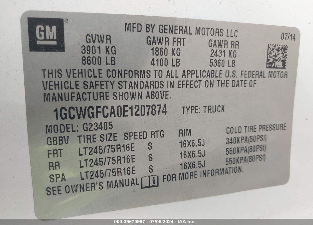 2014 CHEVROLET EXPRESS 2500 WORK VAN VIN: 1GCWGFCA0E1207874