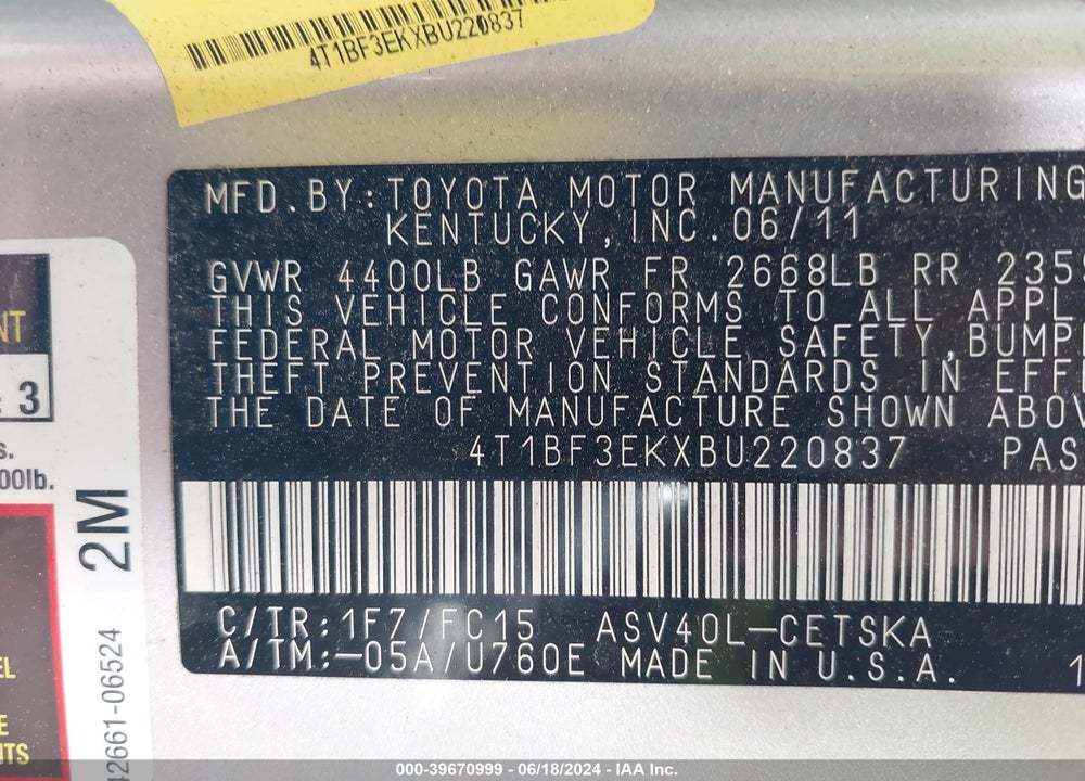2011 TOYOTA CAMRY SE VIN: 4T1BF3EKXBU220837