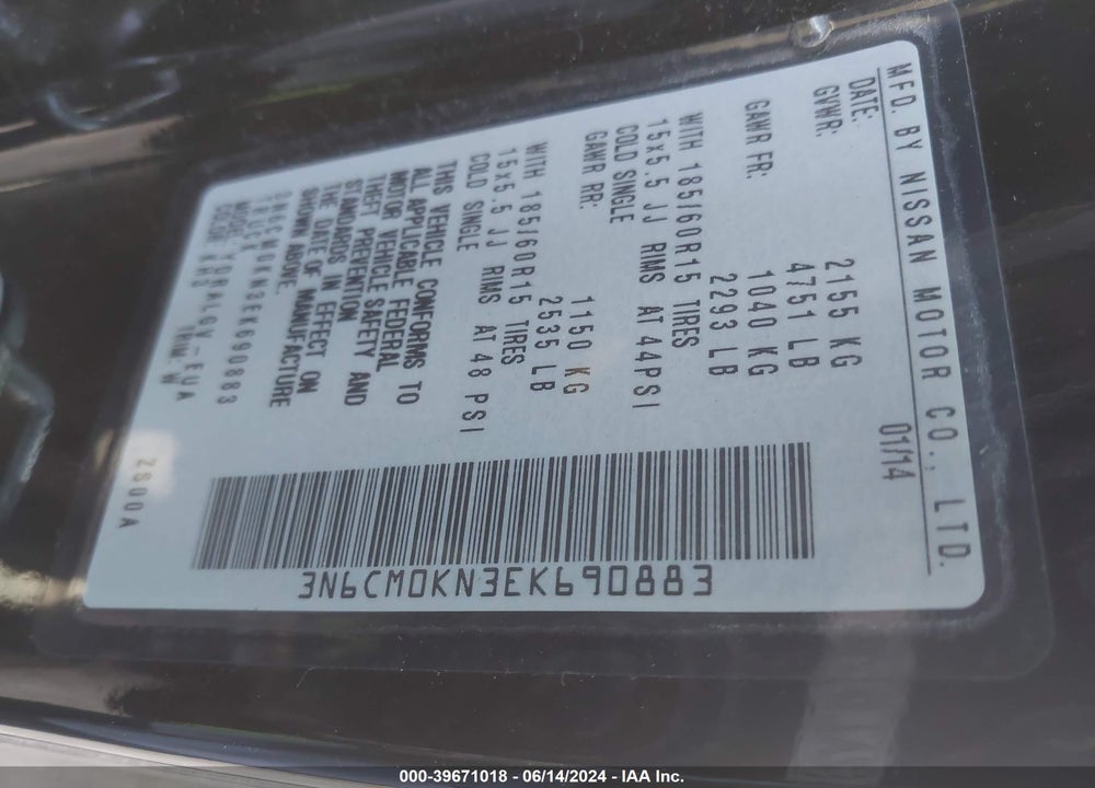2014 NISSAN NV200 SV VIN: 3N6CM0KN3EK690883