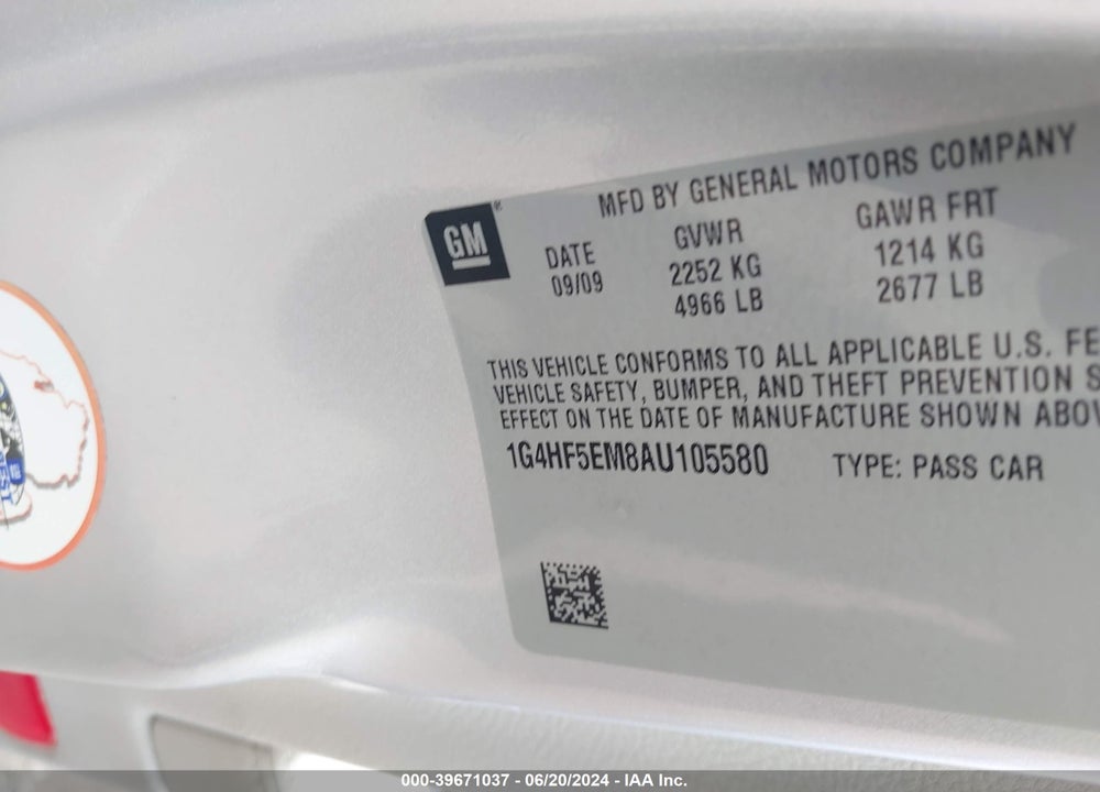 2010 BUICK LUCERNE CXL-4 VIN: 1G4HF5EM8AU105580
