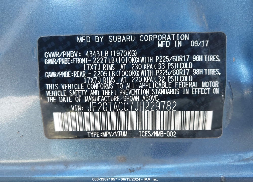 2018 SUBARU CROSSTREK 2.0I PREMIUM VIN: JF2GTACC7JH229782