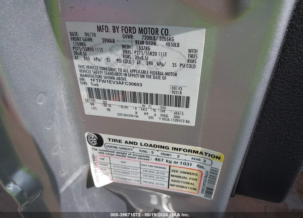 2010 FORD F-150 FX4/HARLEY-DAVIDSON/KING RANCH/LARIAT/PLATINUM/XL/XLT VIN: 1FTFW1EV3AFC30603