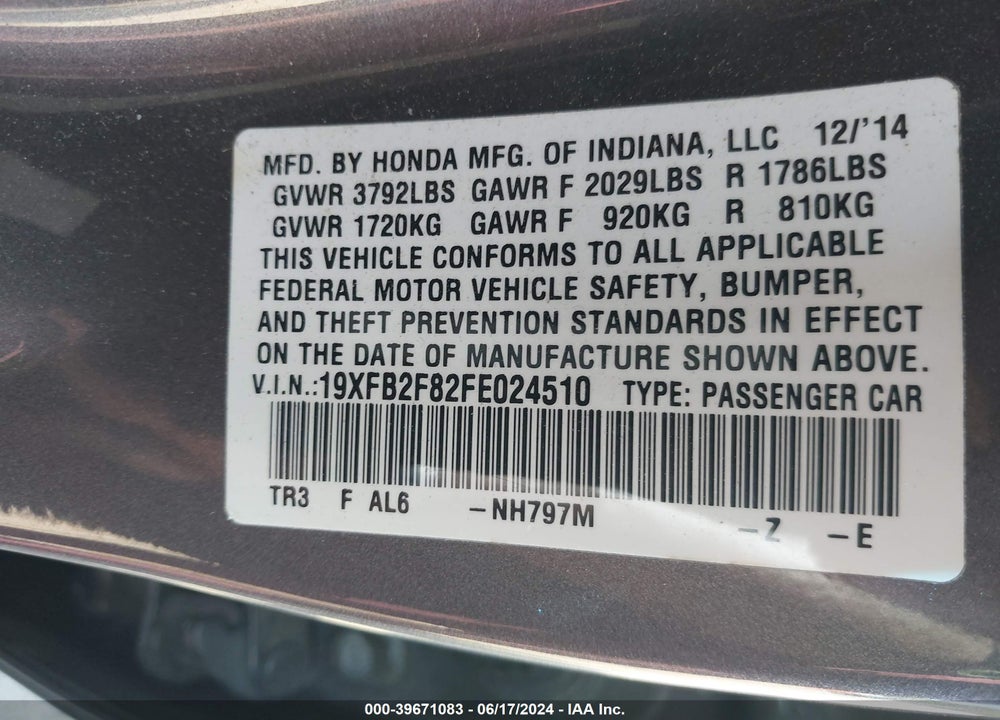 2015 HONDA CIVIC EX VIN: 19XFB2F82FE024510