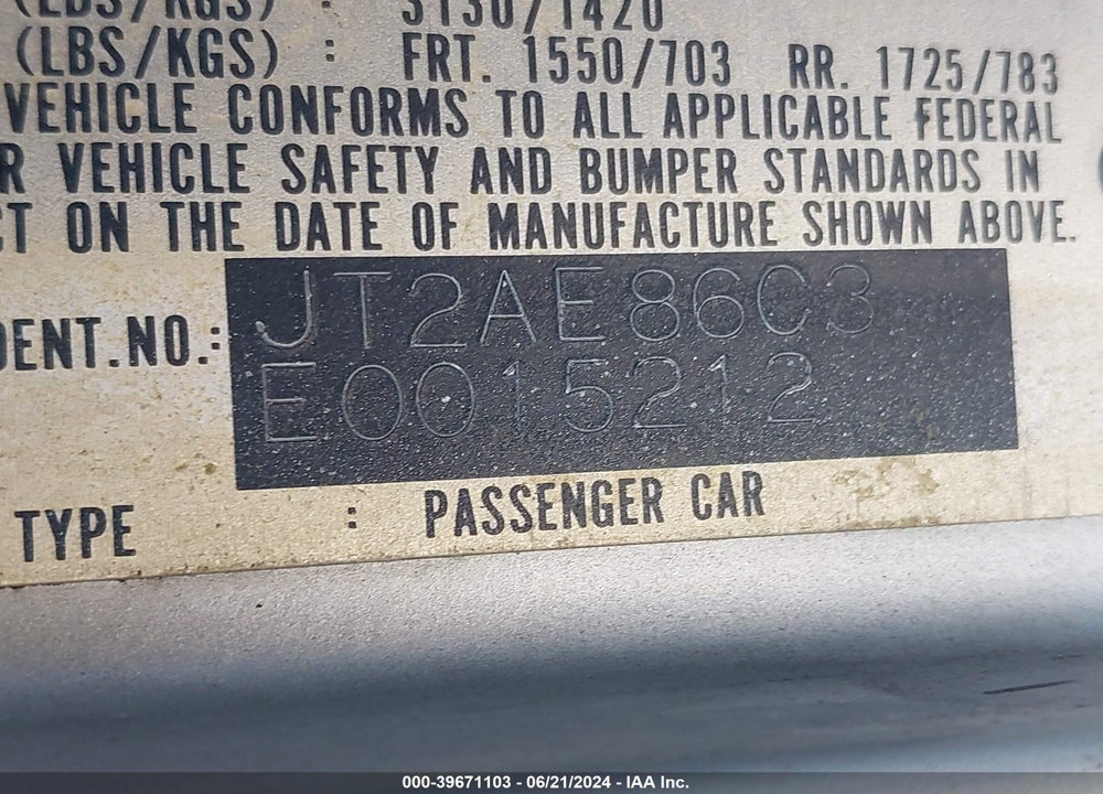 1984 TOYOTA COROLLA SPORT SR5 VIN: JT2AE86C3E0015212