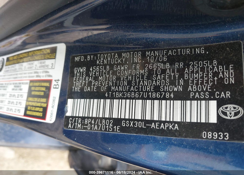 2007 TOYOTA AVALON VIN: 4T1BK36B67U186784