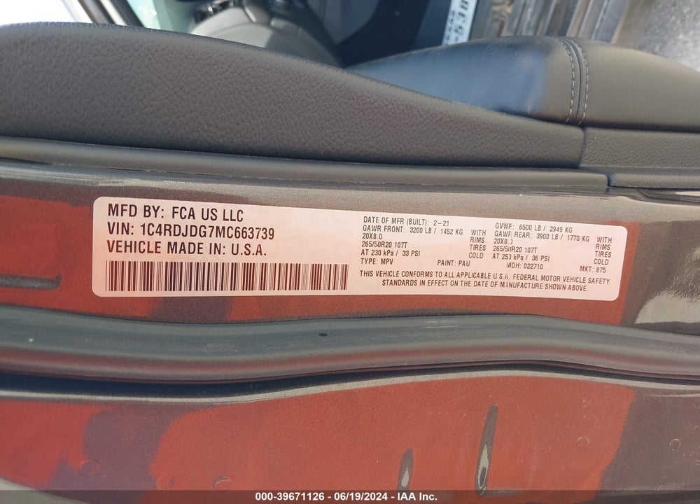2021 DODGE DURANGO GT AWD VIN: 1C4RDJDG7MC663739