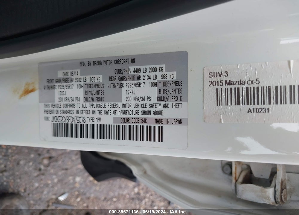2015 MAZDA CX-5 TOURING VIN: JM3KE2CY8F0479078