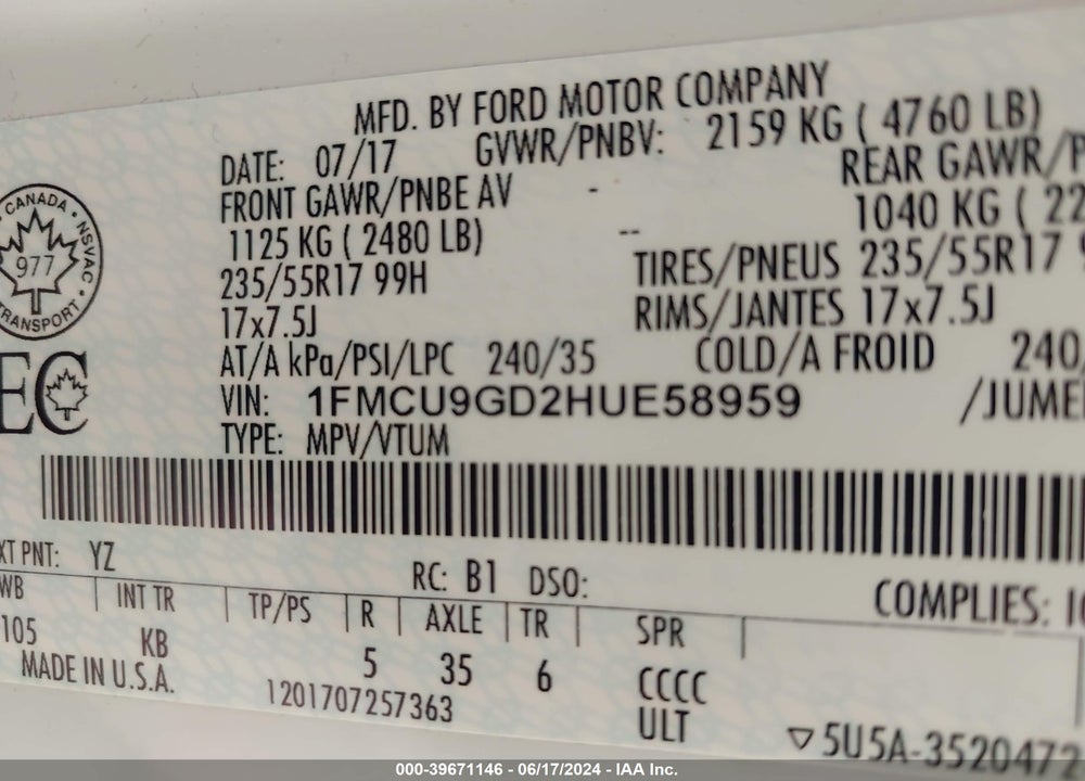 2017 FORD ESCAPE SE VIN: 1FMCU9GD2HUE58959