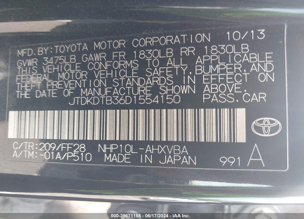 2013 TOYOTA PRIUS C TWO VIN: JTDKDTB36D1554150
